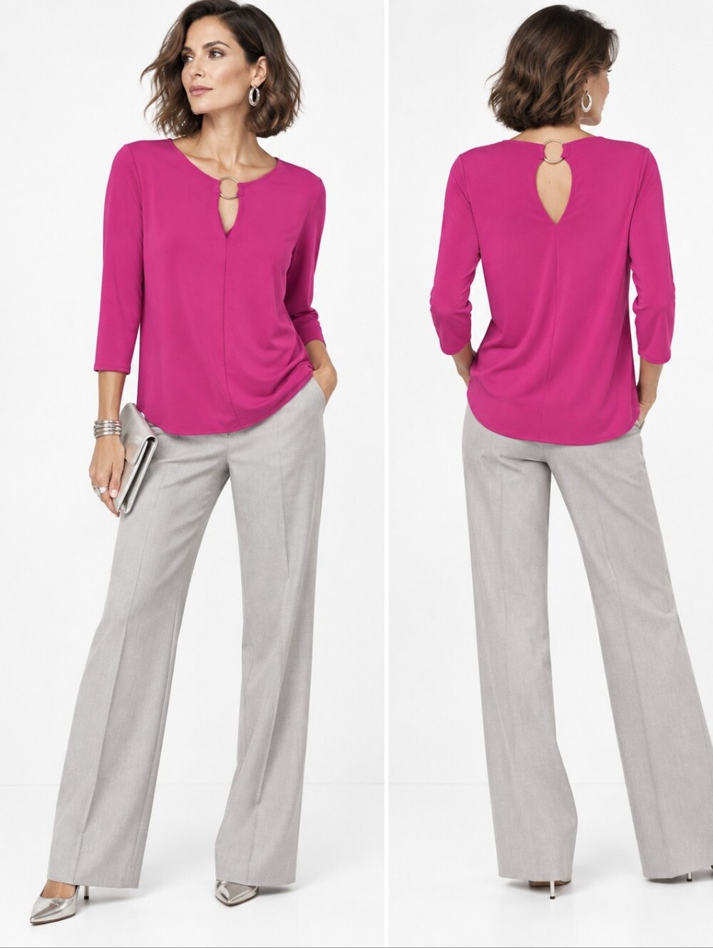 Joseph Ribkoff Top Ring Accent Vibrant Raspberry Pink NWT
